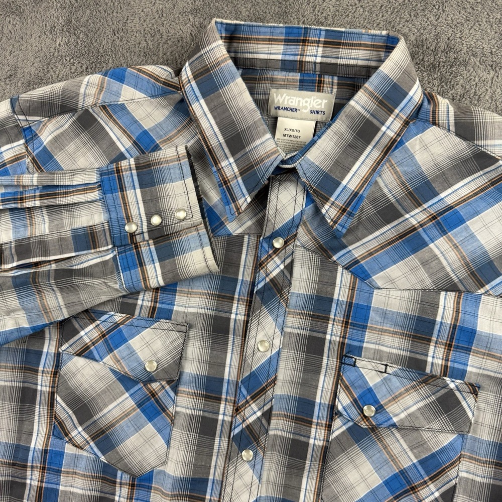 Wrangler Wrancher Shirt Mens XL Blue Black Plaid Pearl Snap Long Sleeve Cowboy